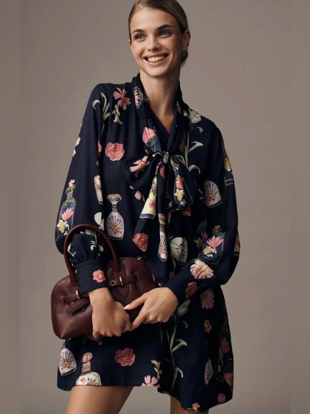 Anthropologie Dress | Maeve Floral Tie-Neck Long Sleeve Mini Dress - Navy Pink